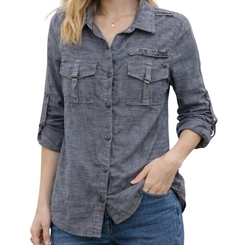 O'Neill Button Down Shirt Small Blue Tab Sleeve‎ Utility Casual Lightweight